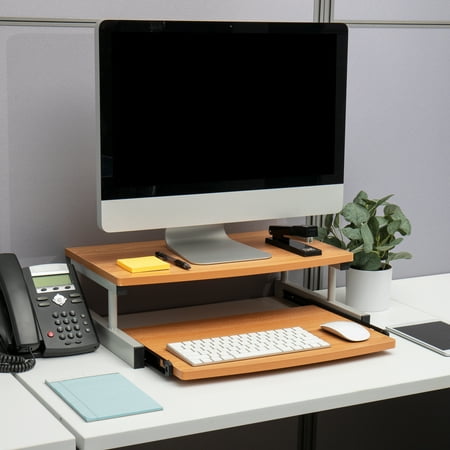 Mind Reader - 2 Tier Monitor Stand w/Sliding Drawer - Brown