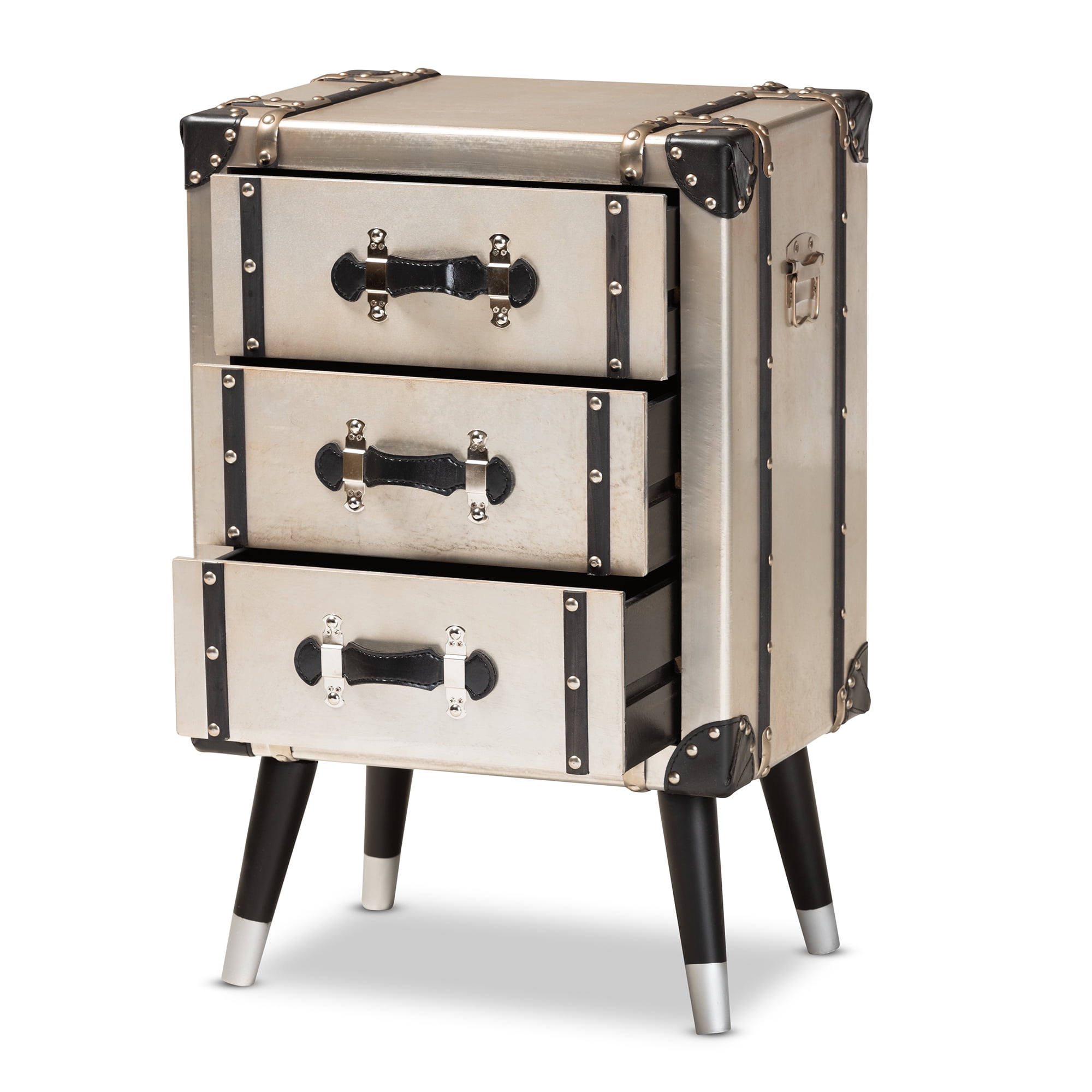 Baxton Studio Dilan Vintage Industrial Antique Silver Finished Metal Trunk Inspired 3-Drawer End Table