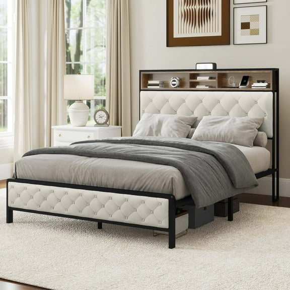 Dextrus Queen Size Bedroom Platform Bed with Storage & Charging Headboard for Adults & Teens, Beige