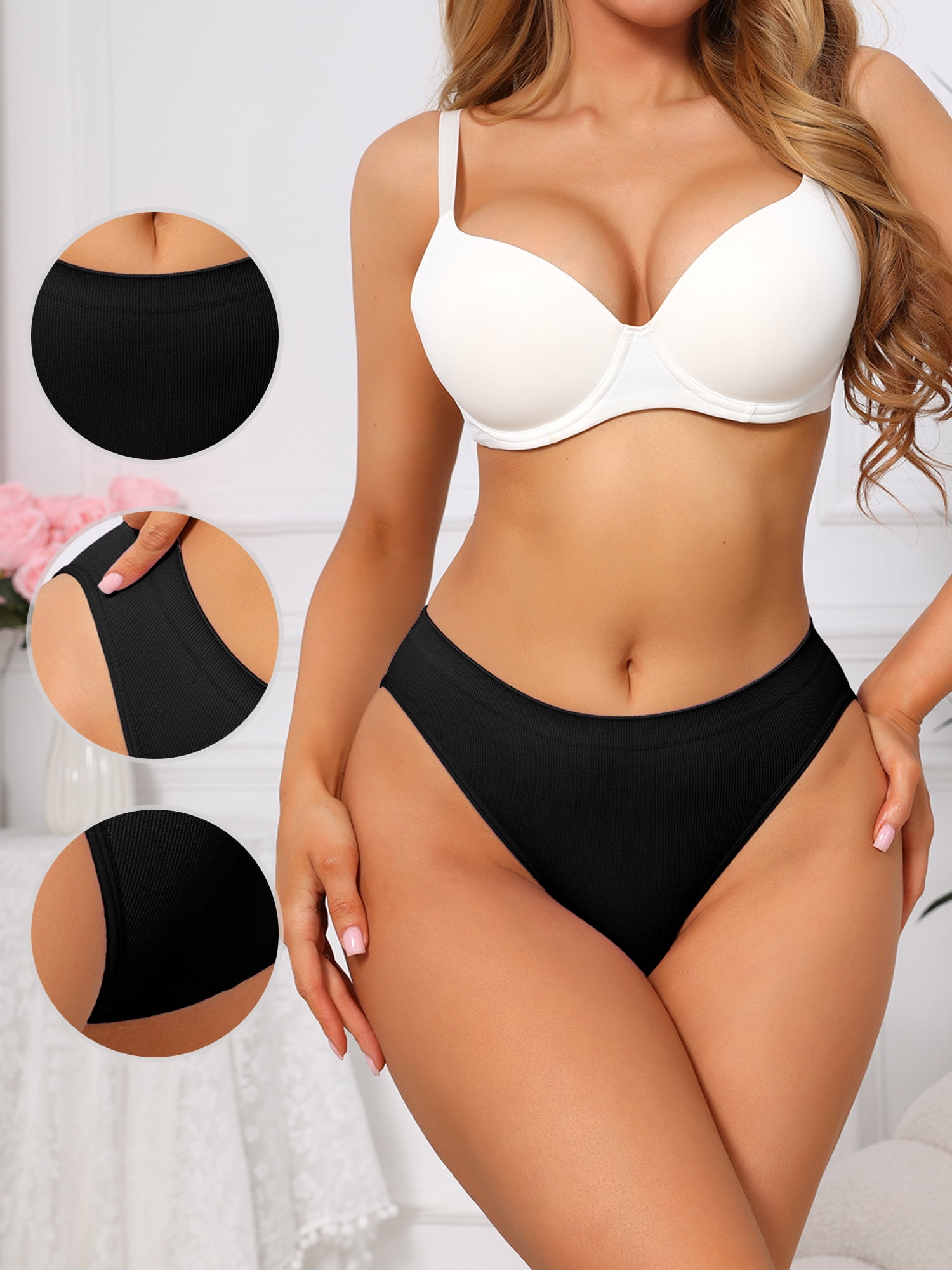 DARING DIVA Women's Mid Waisted Ribbed Bikini High Cut Panties Large Black