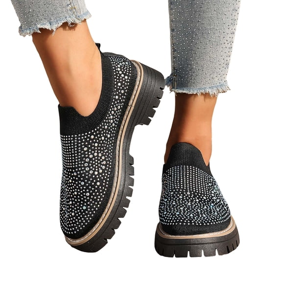 Rokment Women's Glitter Rhinestones Platform Walking Shoes Comfortable Slip on Socks Chunky Mid Heel Oxfords Casual Dress Fashion Sneakers Black Size 5.5