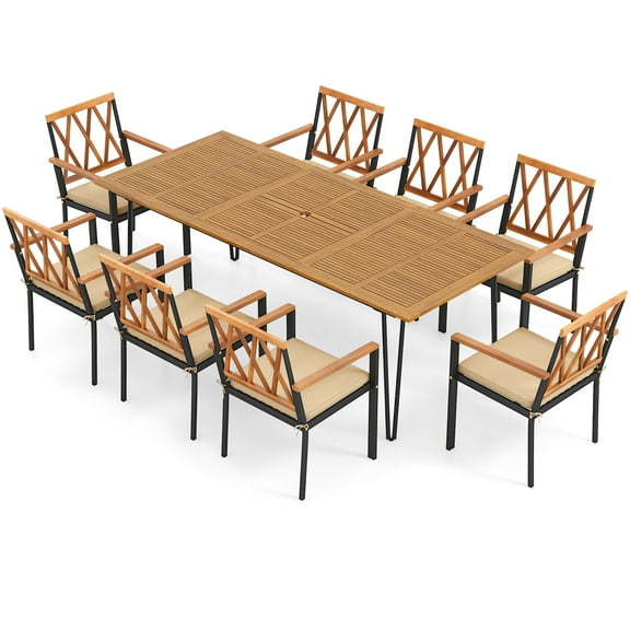 Gymax 9 PCS Patio Dining Set w/ 8 Chairs Acacia Wood Table Top Umbrella Hole for Yard