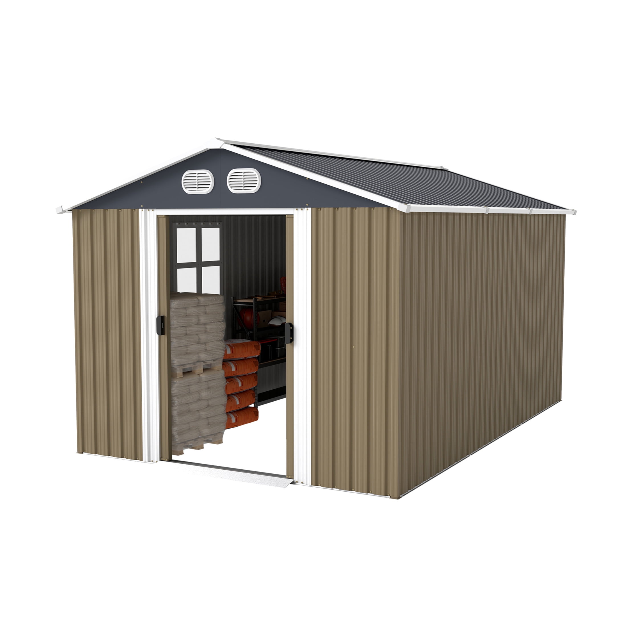 Noble House 8 x 12 FT Outdoor Metal Tool Storage Shed with Lockable Doors and Air Vents, Waterproof Garden Shed, Brown