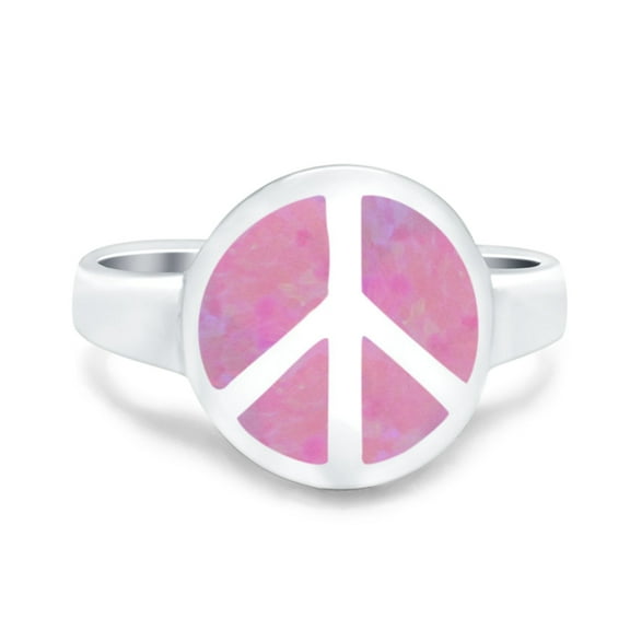 Peace Sign Ring Inlay Round Lab Created Pink Opal 925 Sterling Silver Size 4