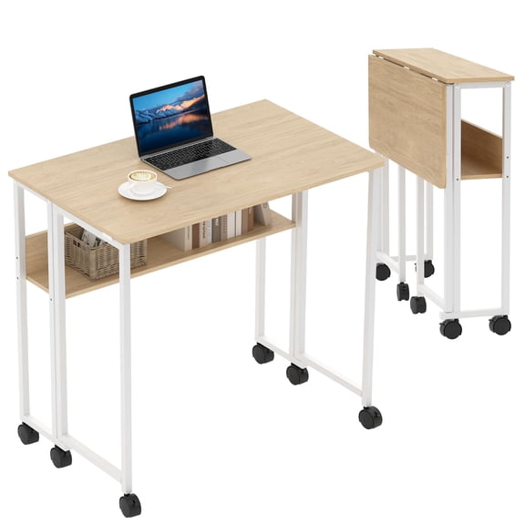 Huisuilinss Folding Desk,Small Rolling Desk With Wheels,Foldable Computer Desk With Storage Shelf,Laptop Cart Table,Sofa Table,Portable Home Office Desk For Small Space Study Writing,Easy To Fold