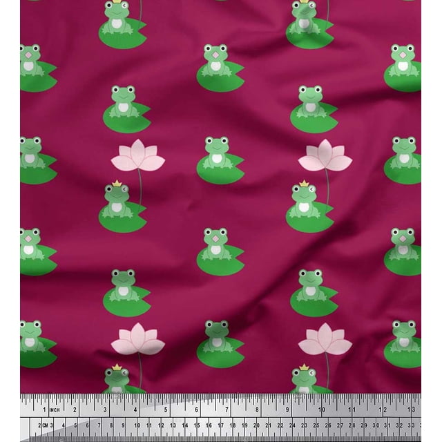 Soimoi Poly Georgette Fabric Lotus & Frog Kids Print Fabric by Yard 52 Inch Wide