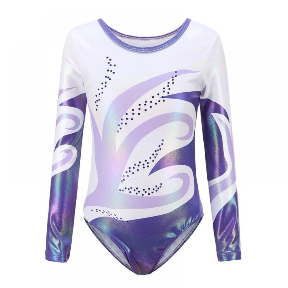 Nylon/Sparkly Foil Girls Gymnastics Long Sleeve Leotard Gym Dancewear Age 4-12 