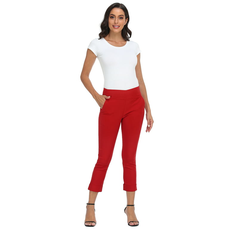 HDE Pull On Capri Pants For Women with Pockets Elastic Waist Cropped Pants  Red XL