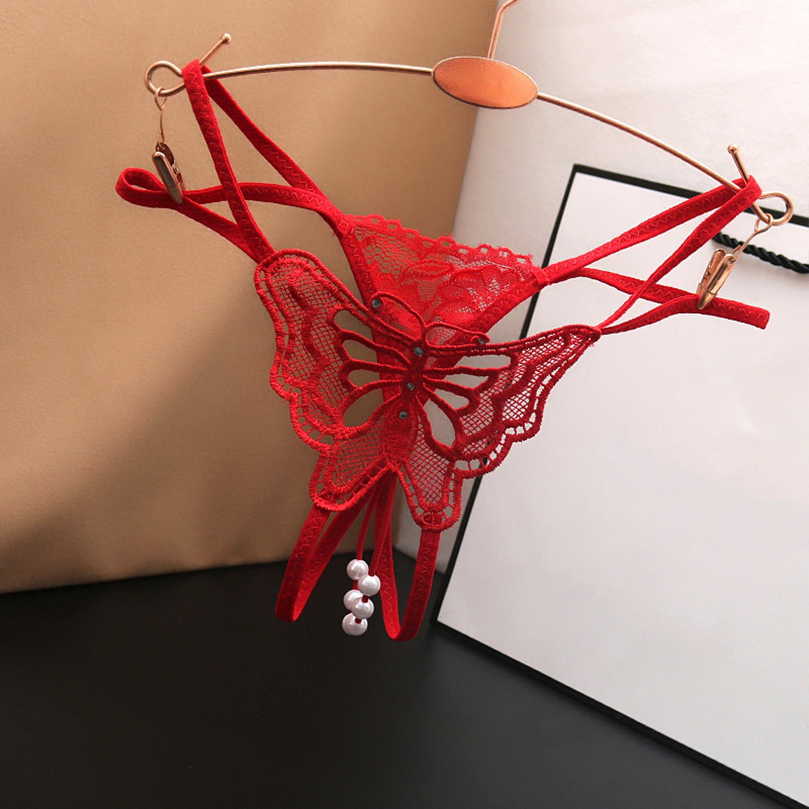 TOWED22 Sous Vetements Strings pour les Femmes Brodes Papillon Creux Slip Taille Basse Ouvert Coupe String de Massage Perle Rouge Walmart