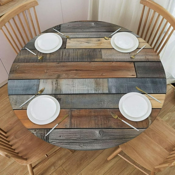 Rustic Wood Texture Print Round Tablecloth Vintage Table Cover with Elastic Edge Washable Fitted Table Cloth for Kitchen Patry Outdoor Decor Fits 40"-44", Small