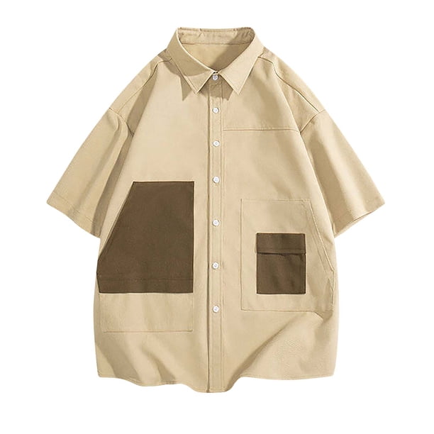 Blusa y camisa de manga corta con cuello vuelto para hombre, informal, de color liso, con botones, bolsillo, solapa para exteriores, camisa de manga larga a la moda, blusa para hombre