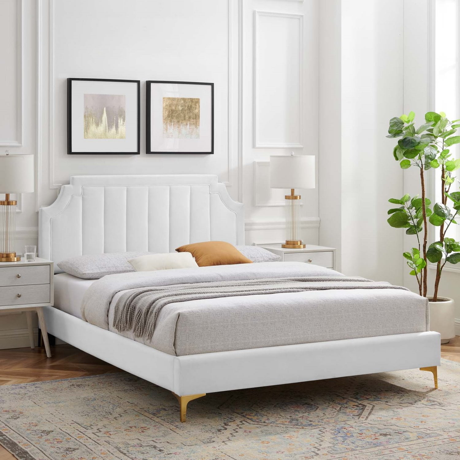 Platform Bed Frame, Tufted, King Size, White, Velvet, Bedroom, Modern Contemporary Boutique HB35506
