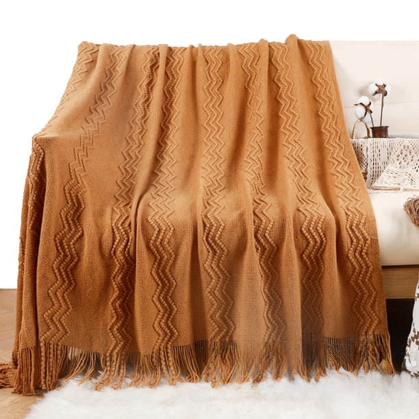 Manta para sofá con textura de punto en color terracota y óxido, con borlas, acogedora manta tejida de estilo rústico para sofá, cama, silla, patrón de ondas, decoración otoñal, 50 x 60 pulgadas
