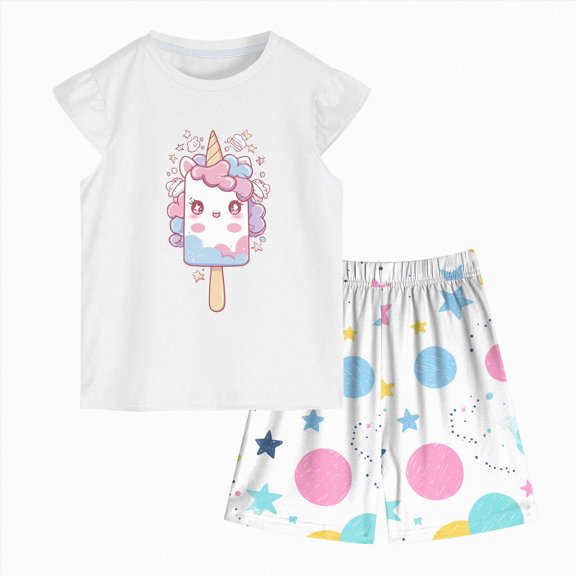 Nwiuh Girls' Pajama Sets Flutter Sleeve Ruffles Soft Pjs Sleepwear White for Size 6-7 Years