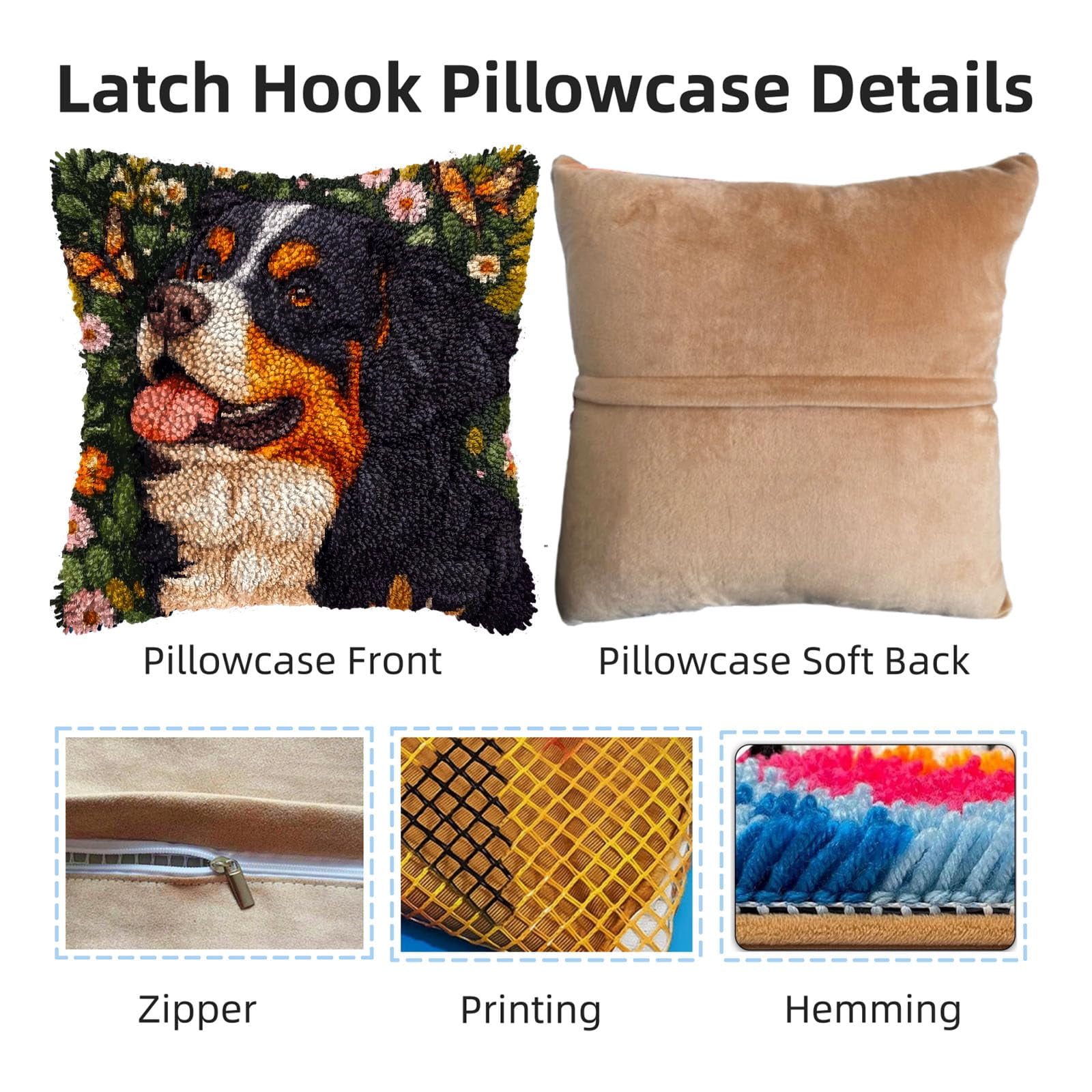 DIY Latch Hook Pillow Kits for Adults Bernese Mountain Dog and Butterfly Printed Pillowcase Crochet Yarns Hooking Handmade Pillow Cover Cushion for Home Sofa Decoration 17x17inch(3)
