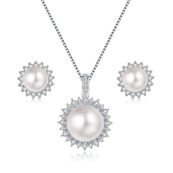 YAMI10-11mm White Pearl Necklace and Earring Set, Sunflower Design, 925 Sterling Silver Cultured Pearl   Mother's Day Jewelry Gift for Women