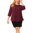 thumbnail image 2 of Plus Size Chiffon Top for Women Round Neck Tie Front Ruffle Work Blouse Top Wine Red 2X, 2 of 7