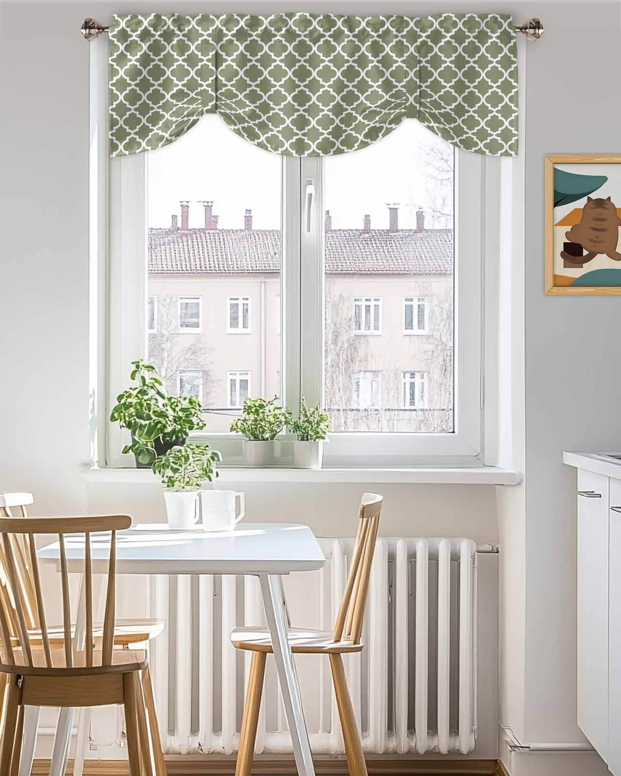 Moroccan Tie Up Valances Curtain, Adjustable Kitchen Moss Green Geometric Valances for Windows Decor, Rod Pocket Short Curtains Set for Bedroom/Bathroom, 60"x18"