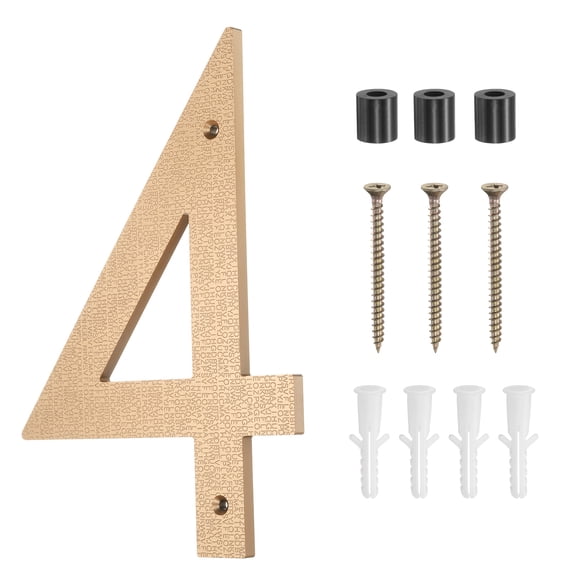 Números de casa modernos Uxcell para exteriores, números grandes de metal flotantes de 10 pulgadas con kit de clavos para letreros de apartamentos, oficinas y habitaciones de hotel (Oro, Número 4)