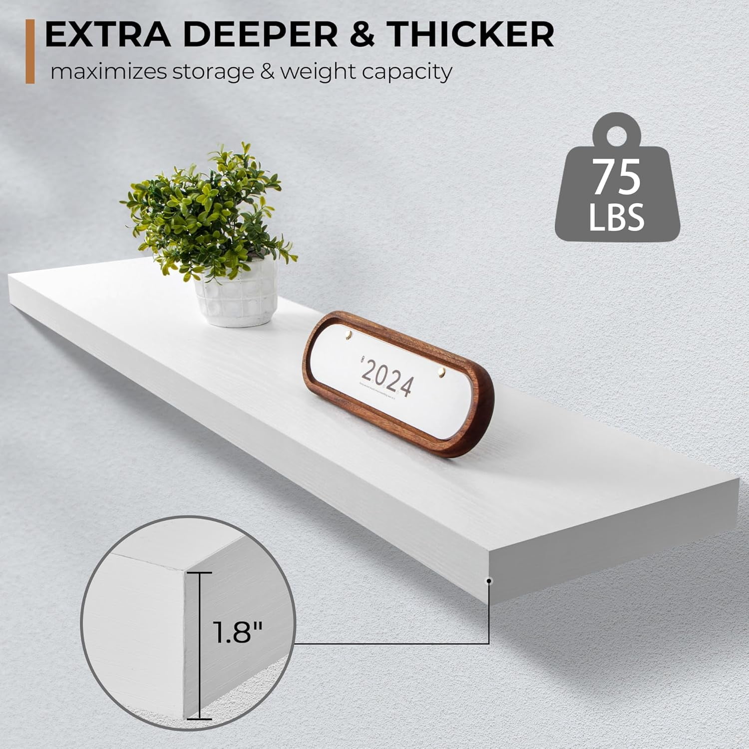 Rustic White Floating Shelves 48 Inch Wall Mounted Storage Shelf with Invisible Bracket for Home Decor
