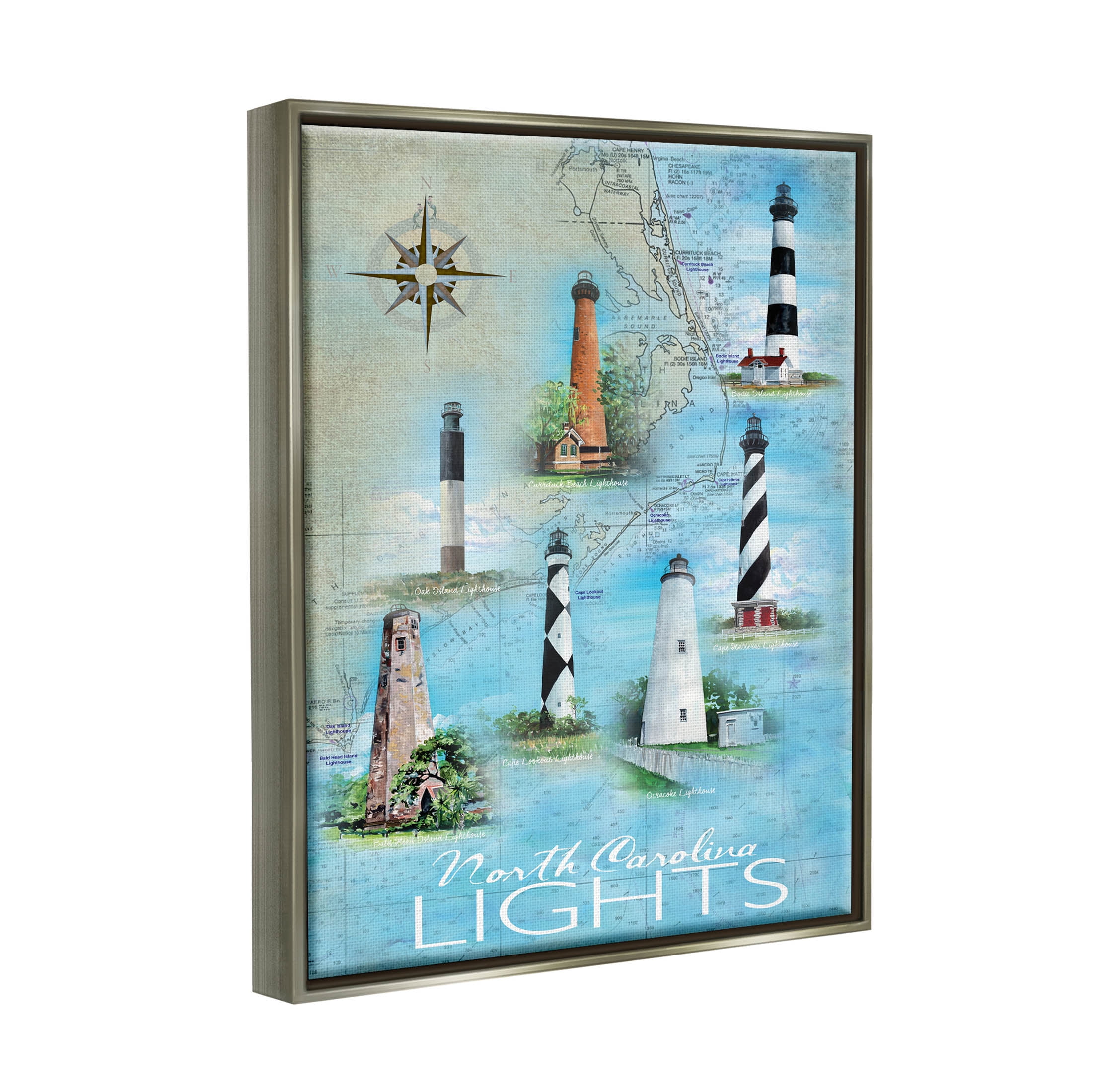 Stupell Industries North Carolina Lighthouses Map Graphic Art Luster Gray Floating Framed Canvas Print Wall Art, Design by Erica Christopher