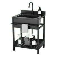 Utility Sink, 304 Stainless Steel Free Standing Sink with Hot/Cold Pull-Out Faucet – Heavy Duty Laundry Sink for Workshop, Garage, Greenhouse, Pet Care