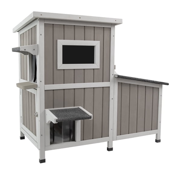 PETSCOSSET Outdoor Cat House with 3 Rooms, 2-Story Wooden Cat Condo with Dual Openable Asphalt Roofs, Weatherproof Pet Shelter with Acrylic Window and Elevated Feet, Gray