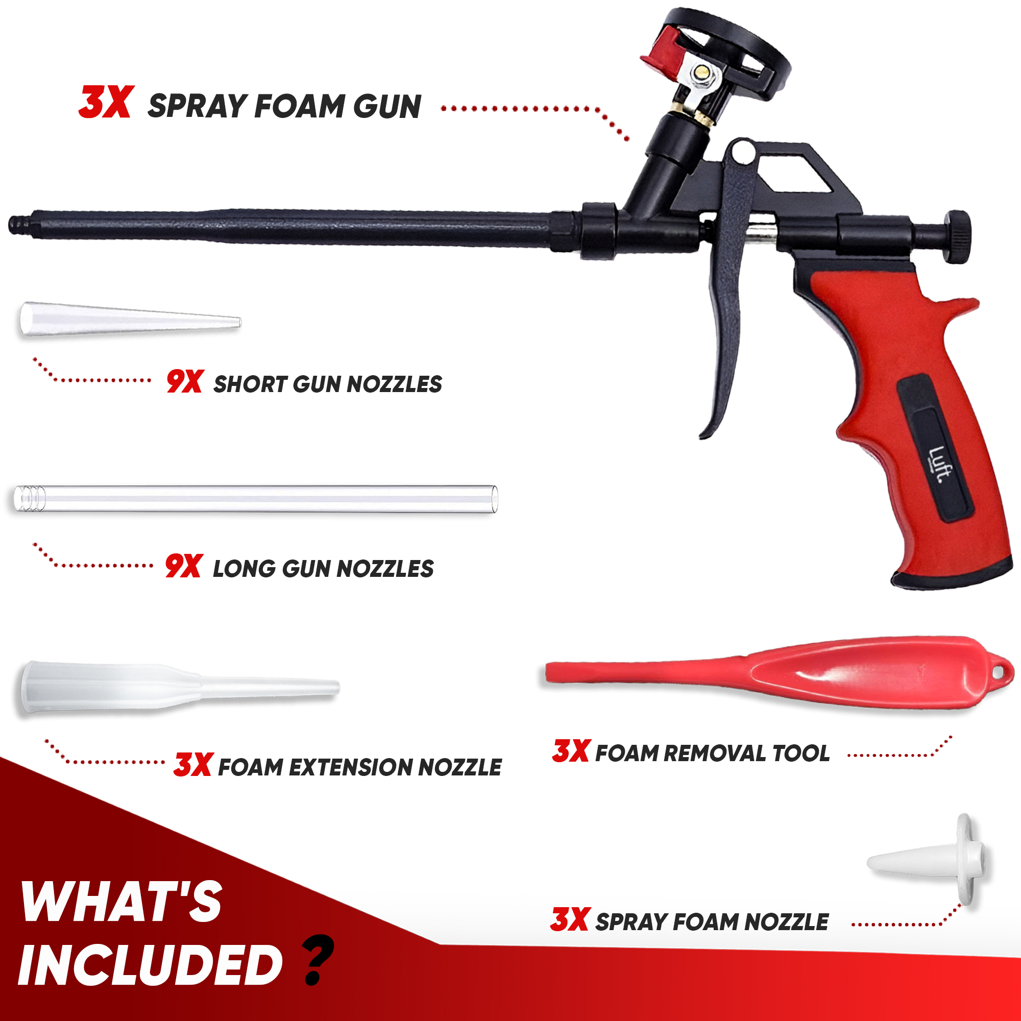 Luft Werkzeuge Foam Dispensing Gun Kit – 3 Metal PU Foam Guns with 27 Extension Nozzles (3 pack)