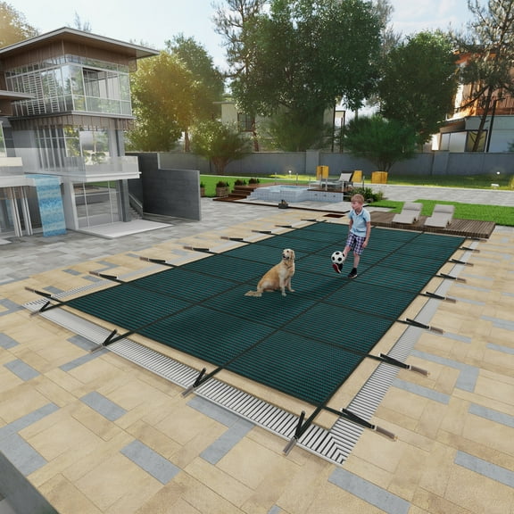 Swimming Pool Safety Cover for 18x36ft Rectangular Inground/Underground Pools, Triple-Stitched High-Strength PP Mesh, Child/Pet Safe, UV-Resistant, Complete Installation Kit & Green Mesh Design