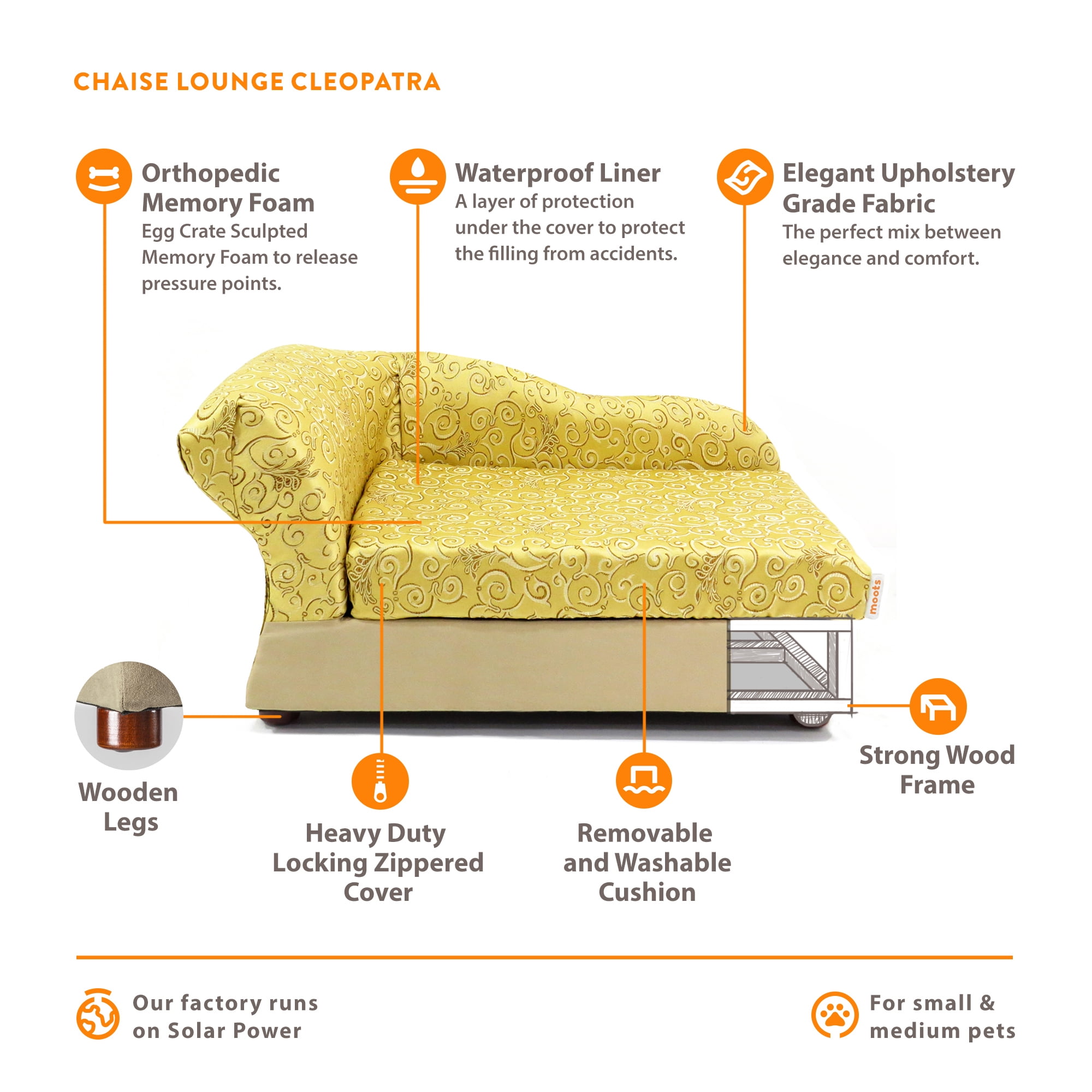 Moots Cleopatra Pet Chaise Lounge Bed Elegant Metallic Gold, Medium