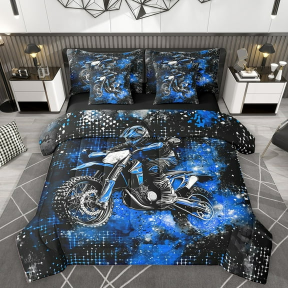Homewish Dirt Bike 7-Piece Twin Bedding Sets For Children Kids Teens,Abstract Blue Stars Galaxy Bedding Comforter Set,Extreme Sport Breathable Sheet Sets,Breathable Home Decor,Reversible