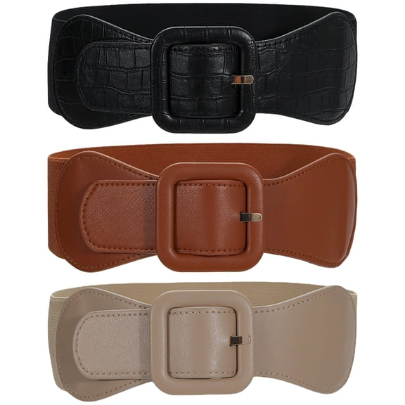 3PCS Wide Elastic Waist Belts, PU Leather Dress Cinch Belts with Square Buckle, Stretchy Waistband for Dresses & Blouses, Fashion Waist Belt for Women, 29.5" x 2.4"