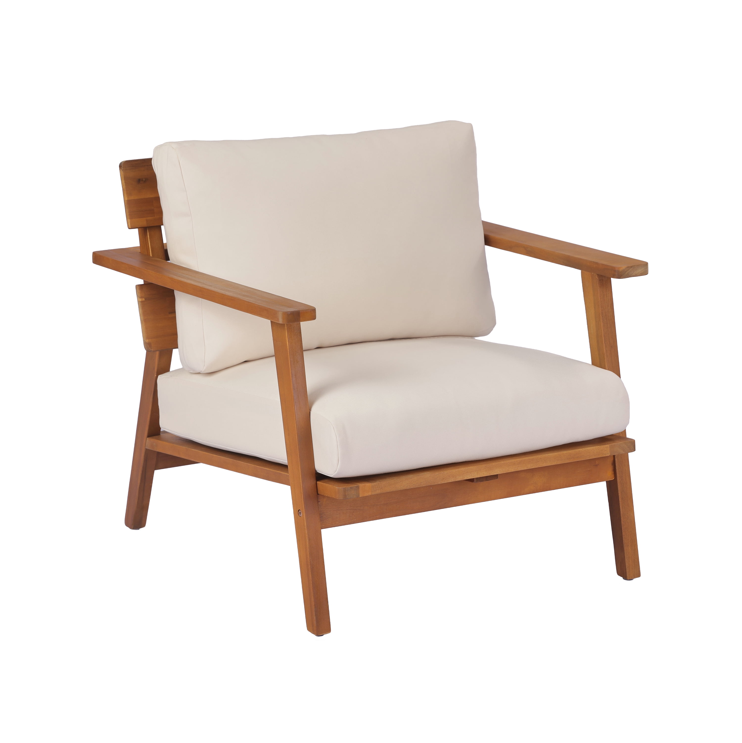 Outdoor Club Chair, 29.5 Inch Mid-Century Acacia Wood Chair for Patio Garden, Teak and Cream
