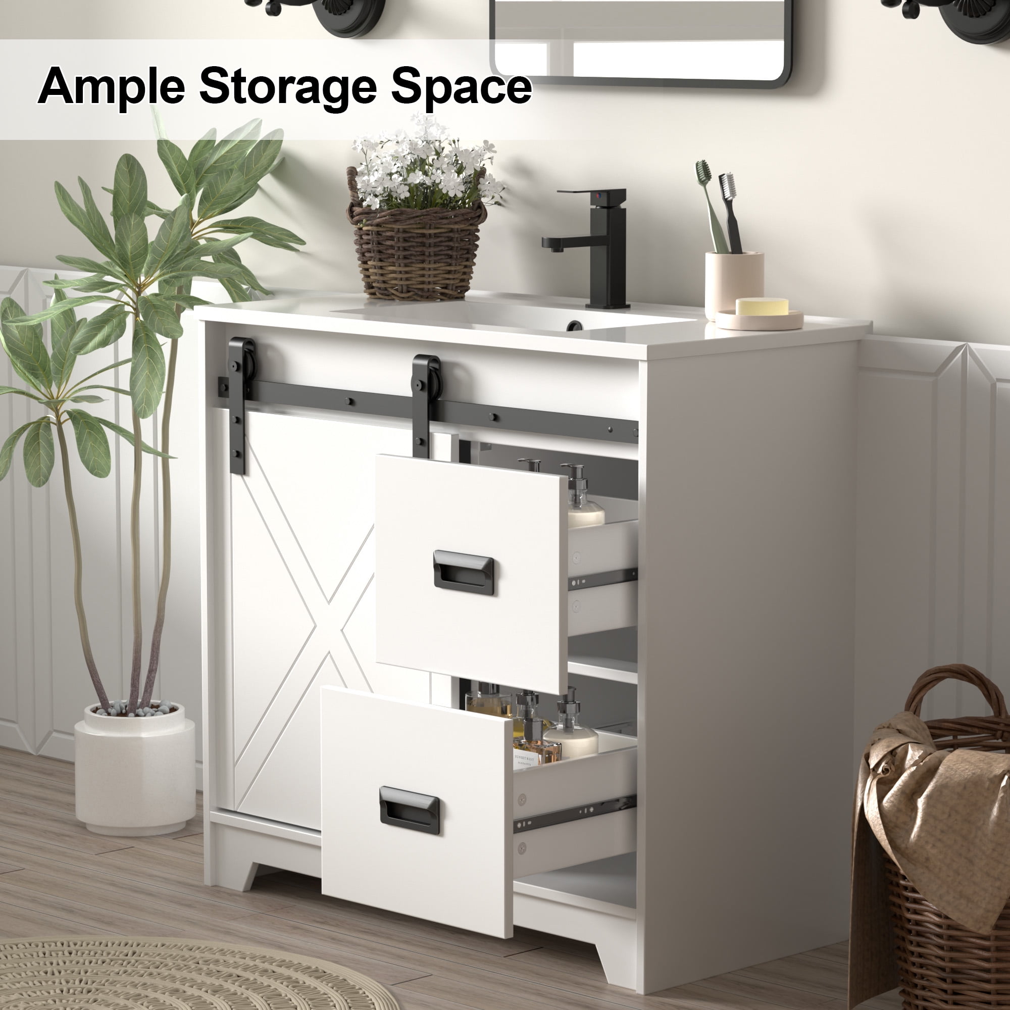 Eclife Single Bathroom Vanity Base Cabinet Farmhouse Sliding Barn Door Without Sink Top 36 Inch