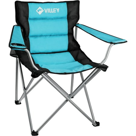 VILLEY Camping Chairs  Padded Folding Chair  Outdoor Portable High Camp Chair  Foldable Outside Arm Chair with Cup Holder & Carry Bag  Blue