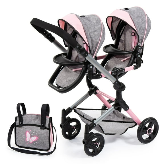 Bayer: Twin Doll Pram Neo with Adjustable Height Handle and Flexible Sun Covers, Grey Pink with Butterfly Design, Foldable and Space-Saving for Up to 18" Dolls