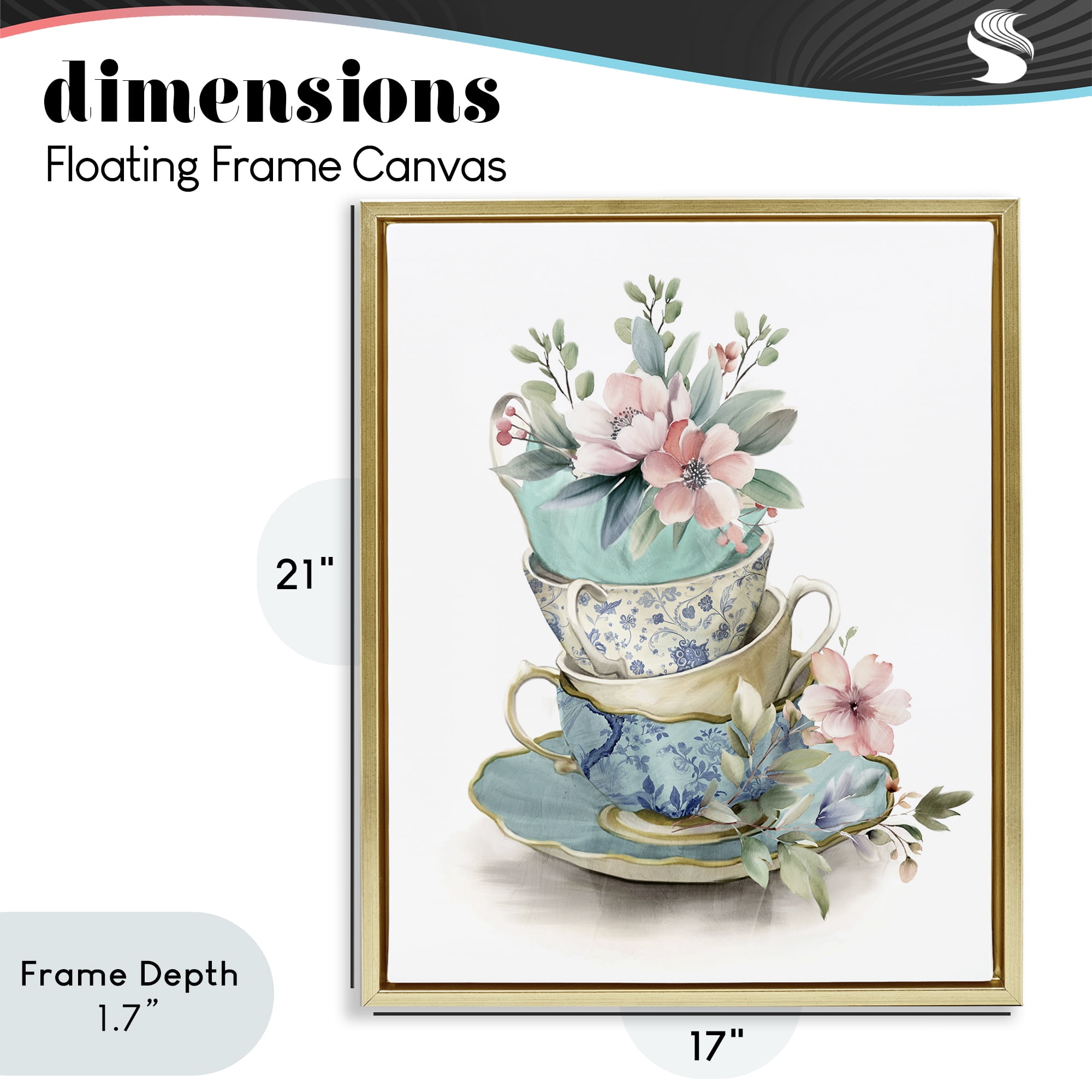 Stupell Industries Tea Cup Chinoiserie Blossoms Gold Framed Floater Canvas Wall Art, design by Kim Allen