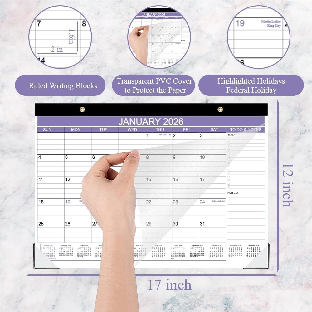 2026 Desk Calendar - Calendar 2026 from January 2026 - December 2026, Desk Calendar 2026 with to-do List, 12" x 17", Purple