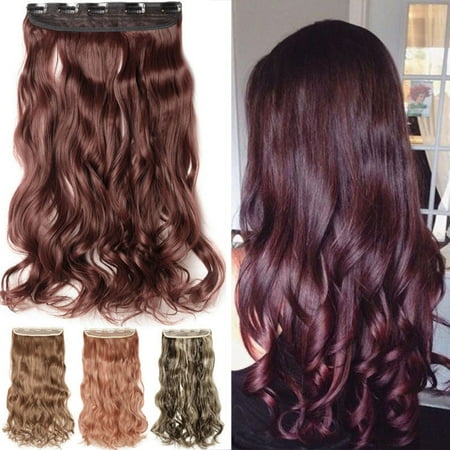 S-noilite Synthetic Fiber Clips in on Hair Extension 3/4 Full Head One Piece 5 Clips Long Silky Curly Wavy dark