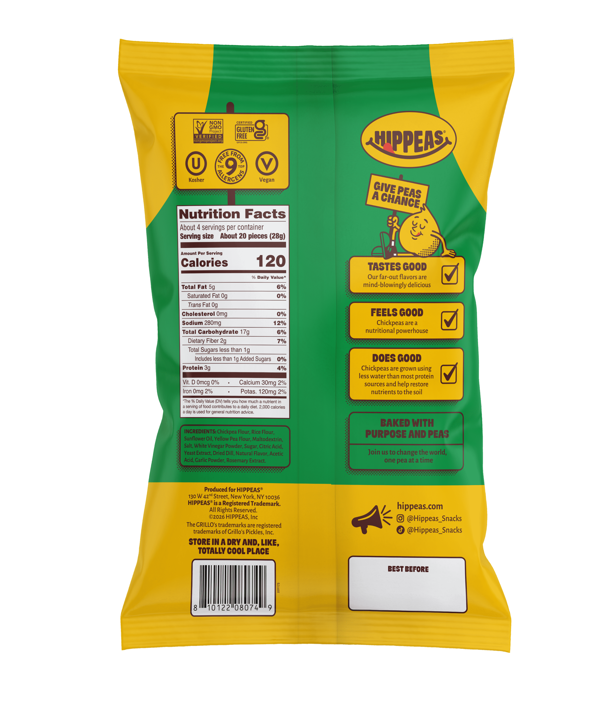 HIPPEAS Chickpea Puffs, Grillo's Dill Pickle, Gluten Free, Dairy Free, 3g Protein, 3.75 oz