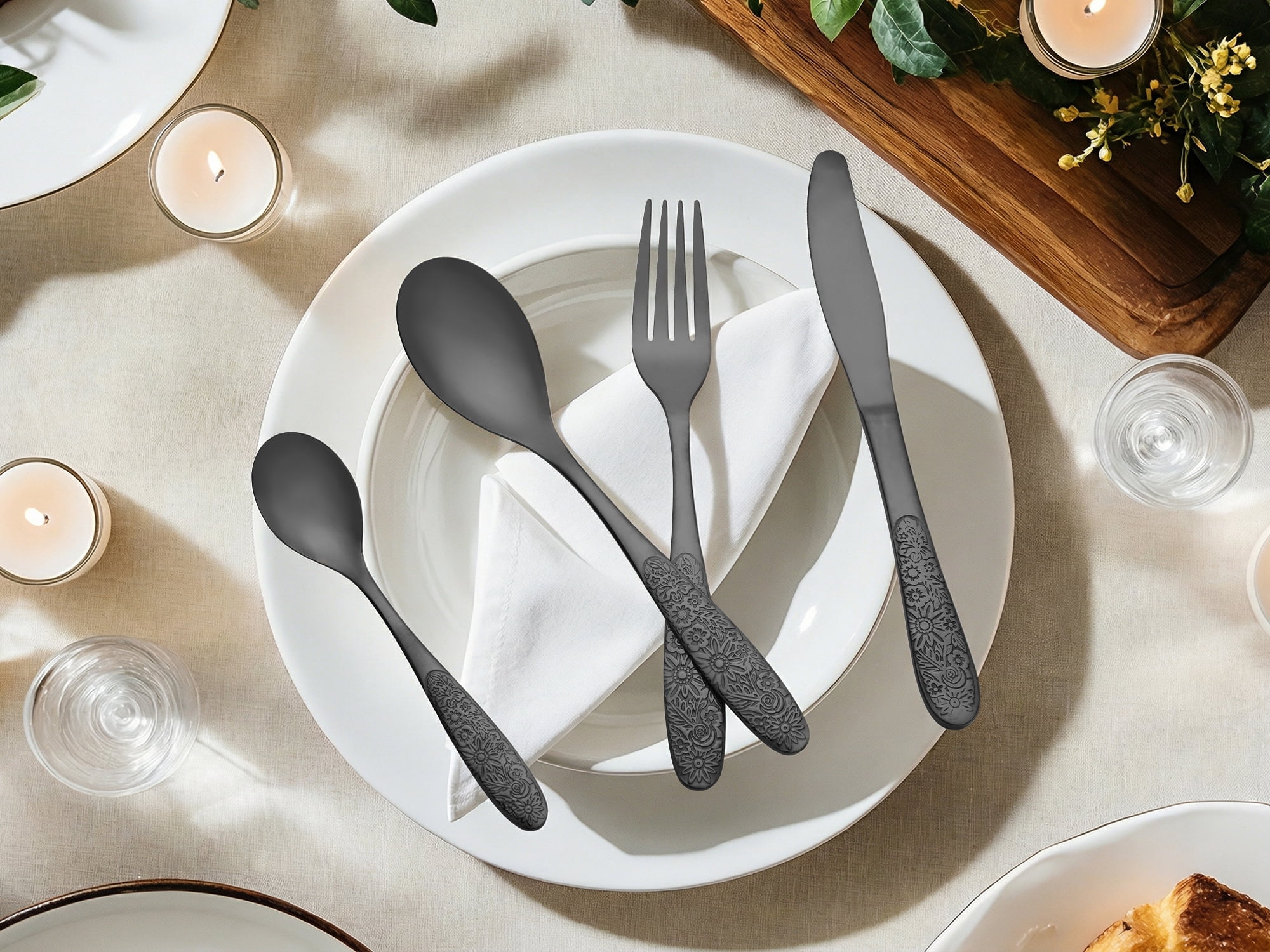 Unique Bargains 4 Piece Stainless Steel Floral Flatware Black 4