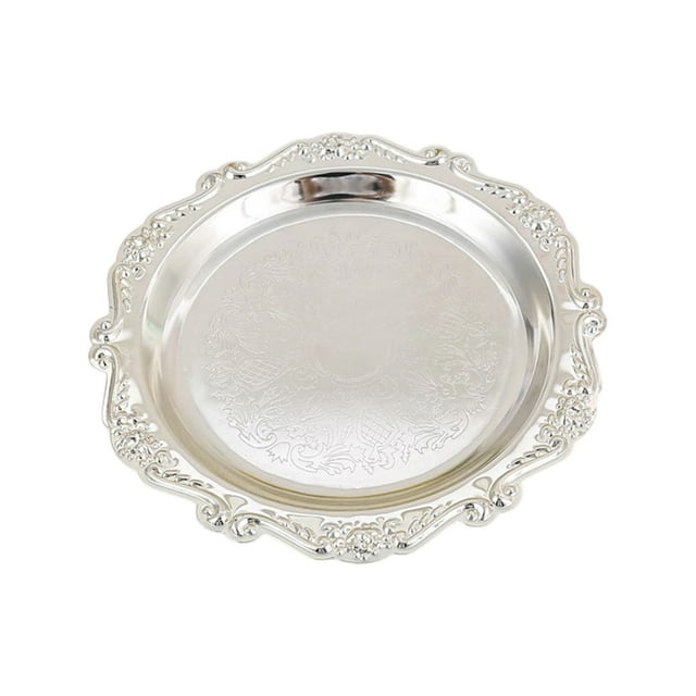 Leodye 1PCS Silvery Metal Embossed Tray Multi-use Decorative Home/Bedroom Dessert Snack Jewelry Vanity Organizerchall Dish -5.9in