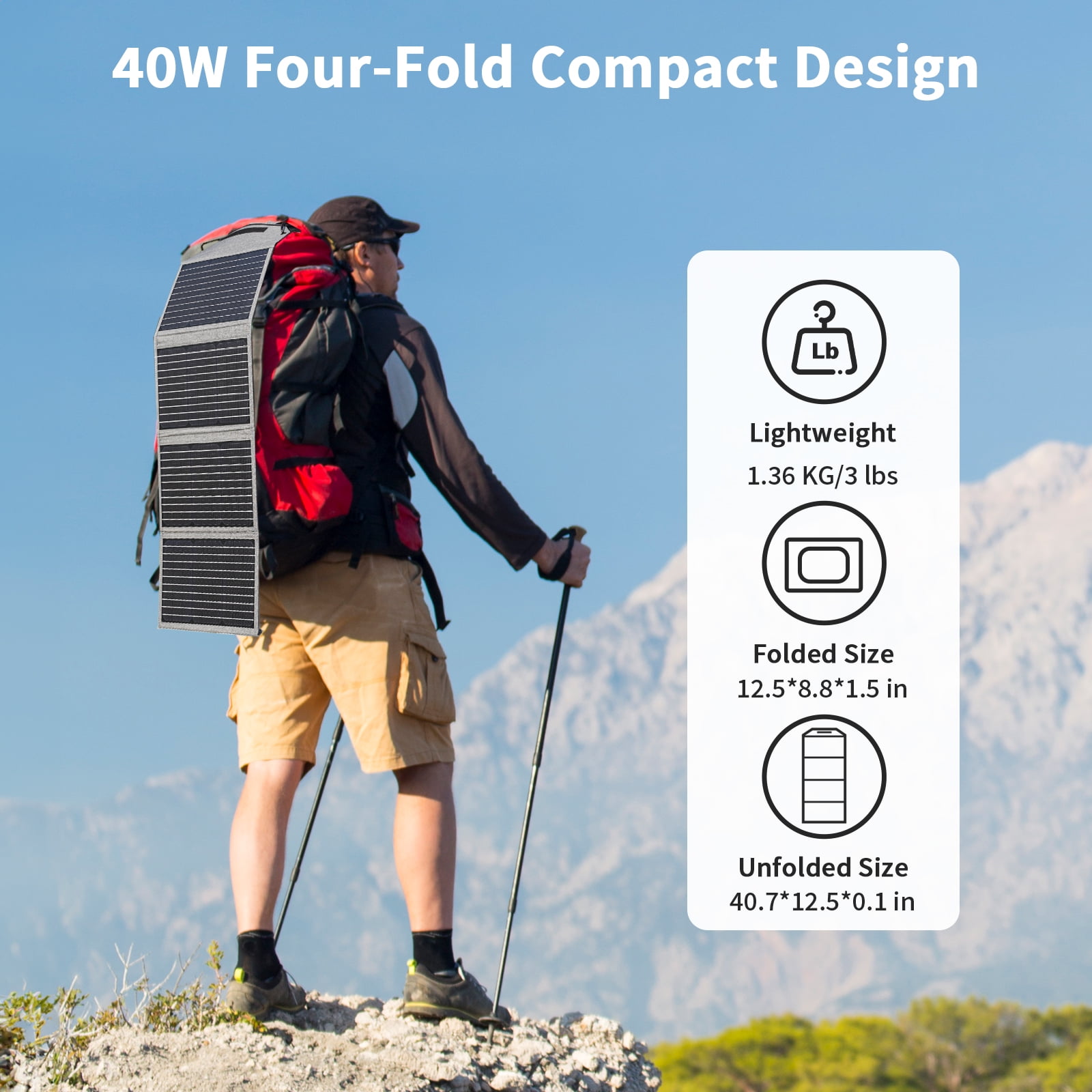 MHPOWOS 40W Solar Panel Portable Foldable with QC3.0 USB Type-C for Camping Hiking Backpacking