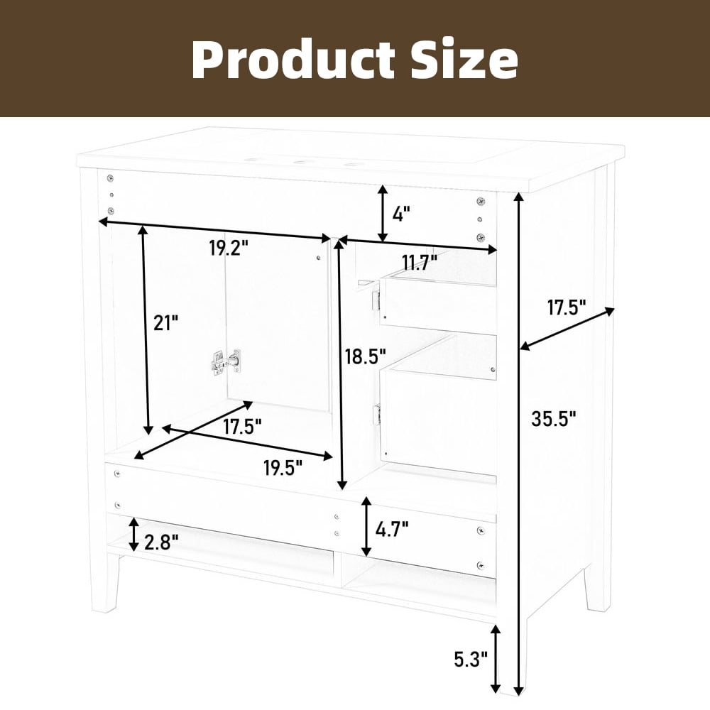 MIDOQIN 36" Bathroom Vanity with Sink, Free Standing Single Basin Vanity Set with Solid Frame & Four Drawer, Wooden Bathroom Cabinet with Ceramic Basin