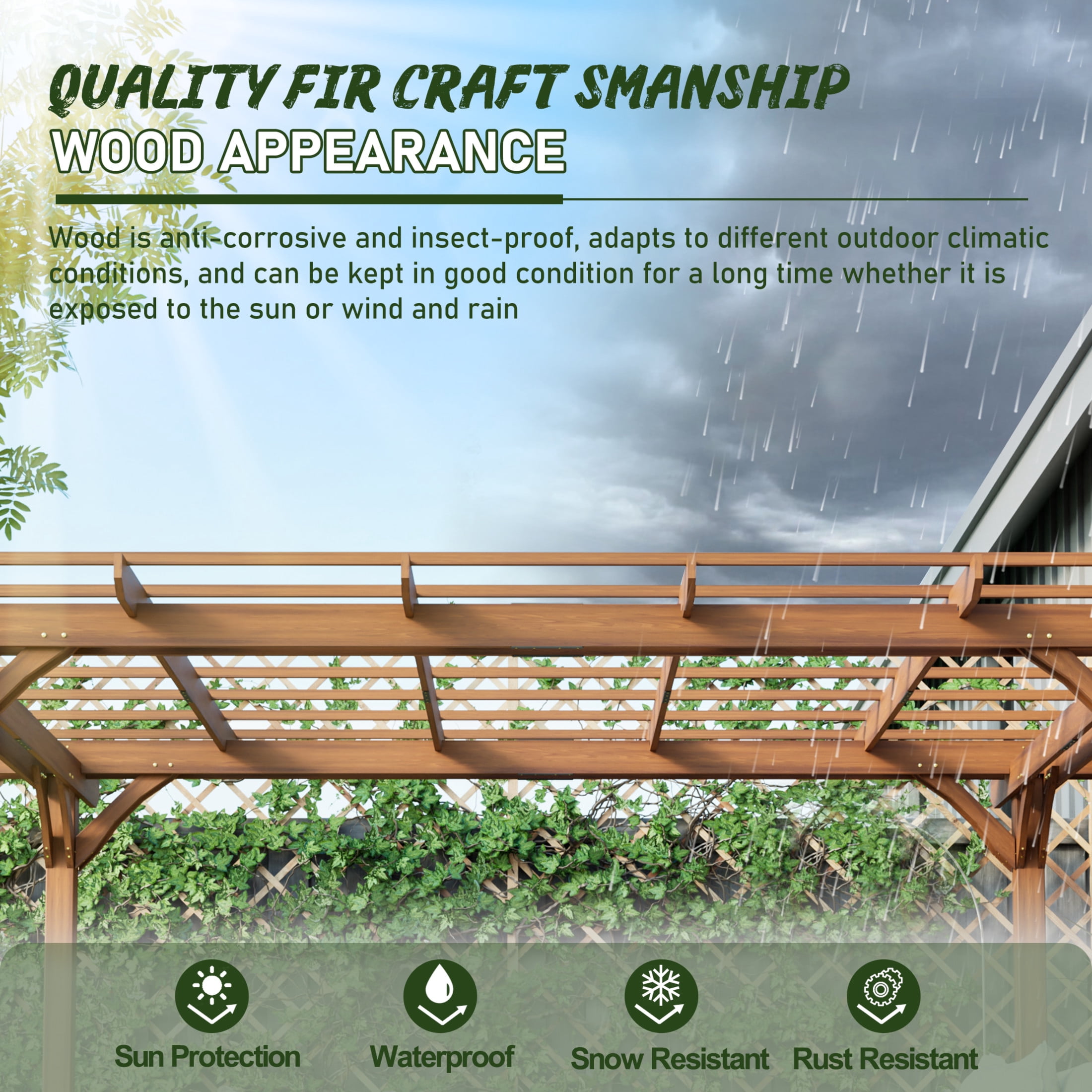 Noble House 12 x 10 FT Outdoor Patio Fir Wood Pergola, Traditional Multi-Layer Roof Trellis for Climbing Plants, Brown
