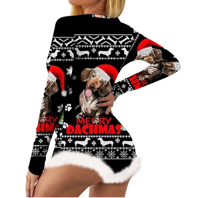 Pyjama de Noël pour Femmes, Imprimé Non Positionné, Col en V, Détail Plume, Manches Longues, Lingerie Sexy