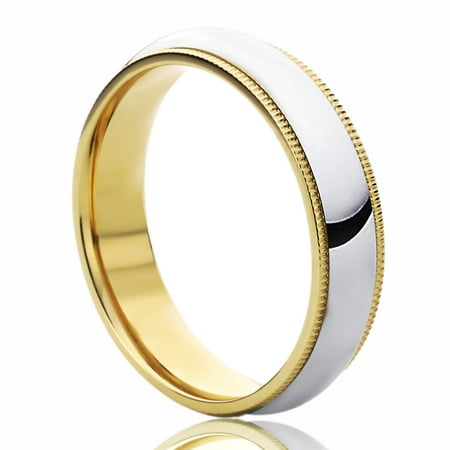 Pristine J 14K Yellow Gold & White Gold Wedding Band 5mm Milgrain Edges Domed Classy Comfort Fit Ring