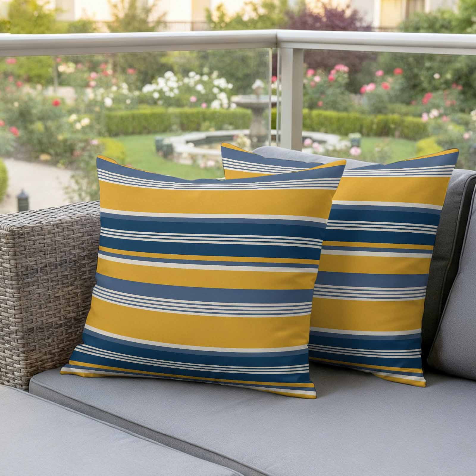 Yellow Blue Striped Outdoor Waterproof Pillow Covers, Farmhouse Vintage Stripe Decorative Square Throw Pillowcase Sofa Cushion Sham for Patio/Couch/Chair, 20"x20" 2 Pack