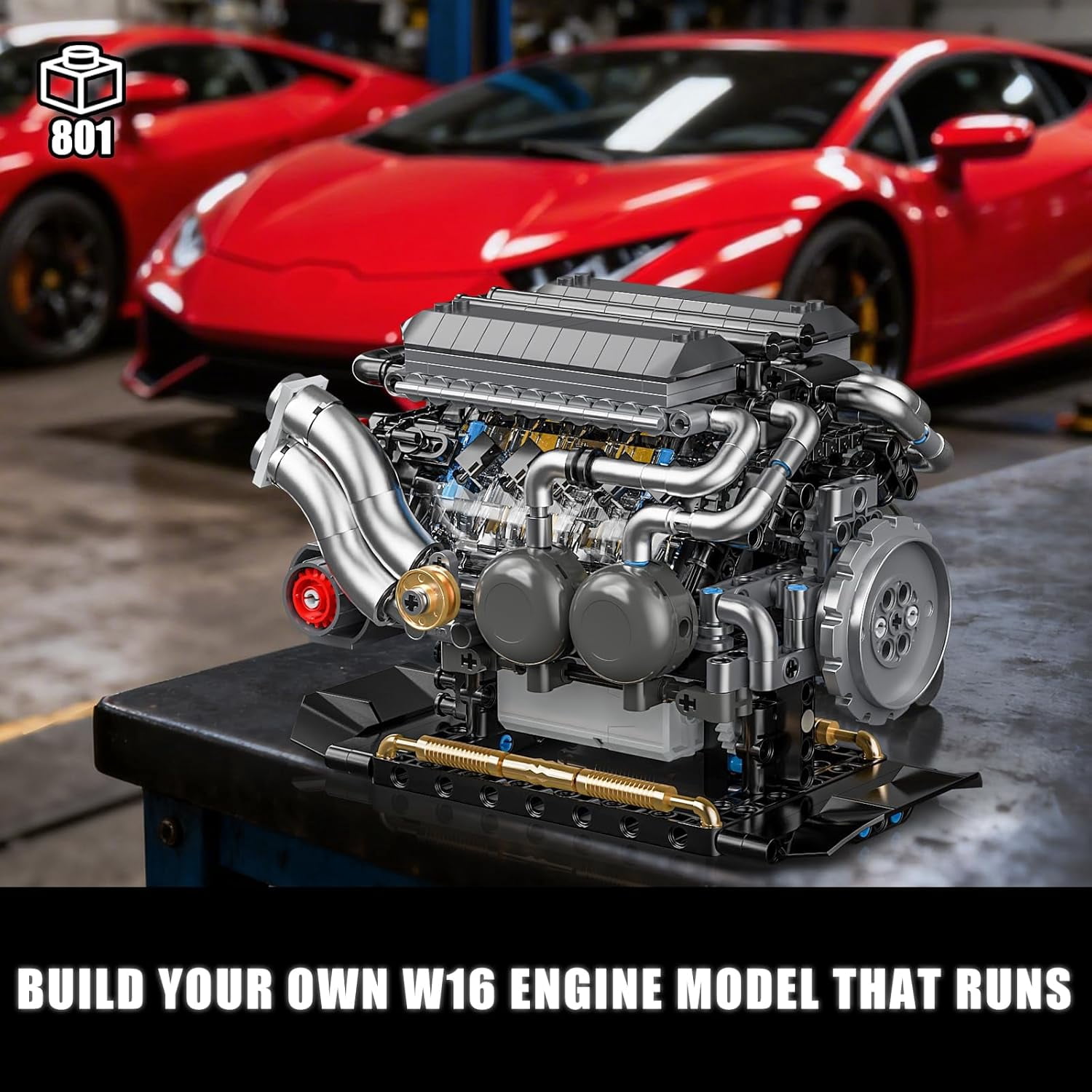 W16 Engine Building Blocks Set, STEM Mini 16-Cylinder Engine Model Kit That Runs, Compatible with Lego Car, DIY Physical Science Experiment