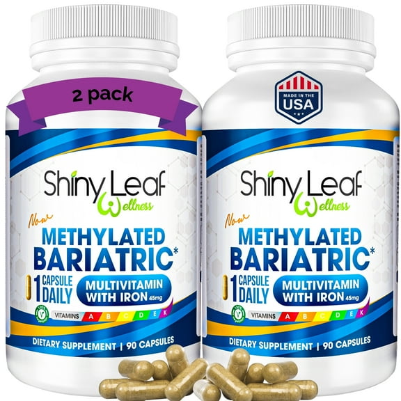 Shiny Leaf Methylated Bariatric Multivitamin with Iron - 45 mg for Gastric Bypass, Sleeve Gastrectomy, Roux-en-Y, Duodenal Switch - 22 Vitamins & Minerals, ASMBS Compliant, Made In USA, GMP, 180 Ct.